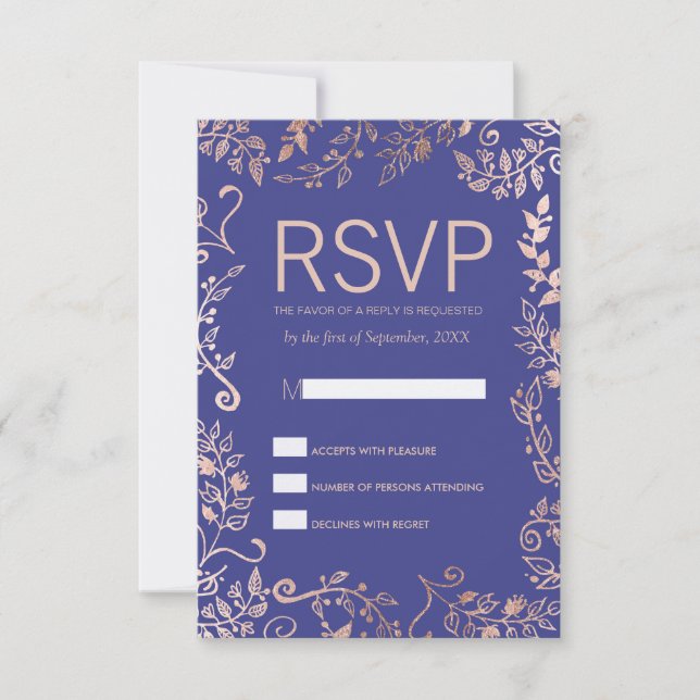 Elegante Royal Blue Rose Gold Floral RSVP Karten (Vorderseite)