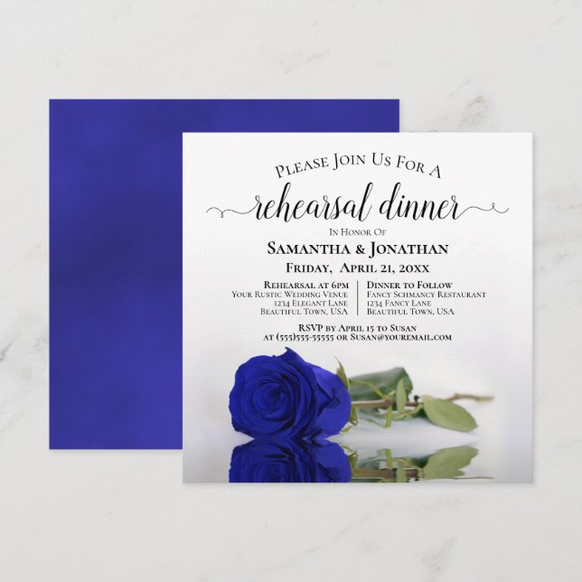 Elegante Royal Blue Rose Hochzeit Probe & Abendess Einladung (Vorne/Hinten)