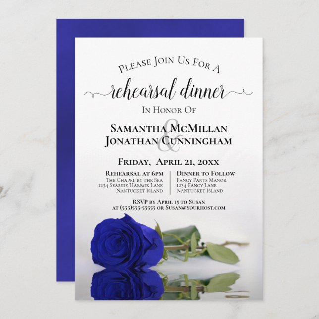Elegante Royal Blue Rose Hochzeit Probe Dinner Einladung (Vorne/Hinten)