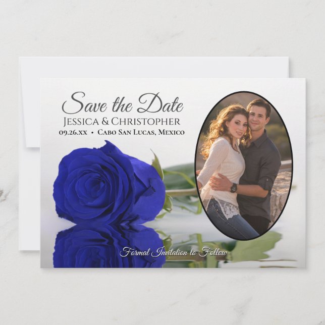 Elegante Royal Blue Rose mit Oval Foto Wedding Save The Date (Vorderseite)