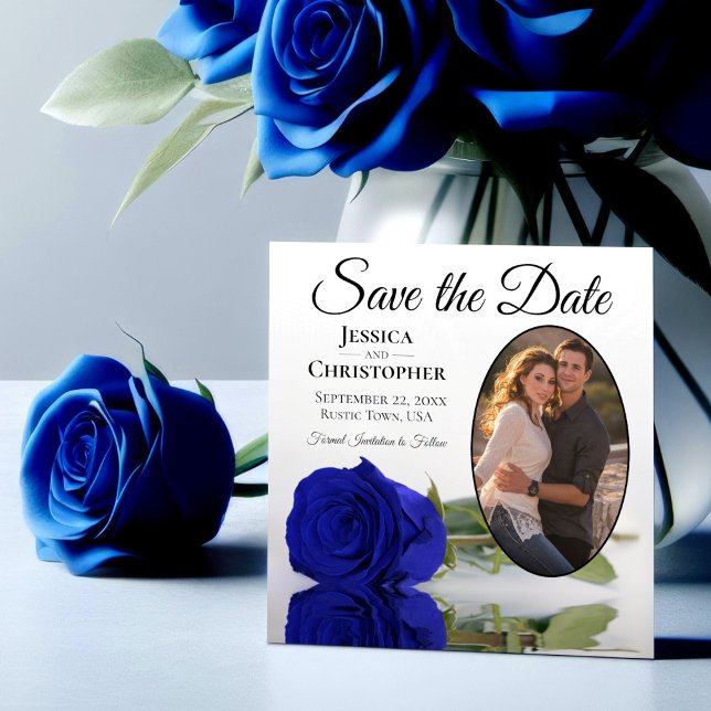 Elegante Royal Blue Rose mit Oval Foto Wedding Save The Date (Von Creator hochgeladen)