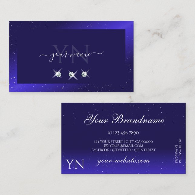 Elegante Royal Blue Sparkling Diamonds and Initial Visitenkarte (Vorne/Hinten)