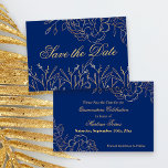 Elegante Royal Blue und Gold Frische Pasta machen Save The Date<br><div class="desc">Elegant Speichern Sie die Datumskarten, die Sie für den Anzug jedes Ereignisses anpassen können. Das zarte Blumendesign besticht durch eine feine Kunst, Konturen von Blume und goldfarbenen Blätter auf königsblauem Hintergrund. Eine Seite der Karte liest "Save the Date" in schöner Schriftzypografie. Auf der anderen Seite der Karte befinden sich alle...</div>