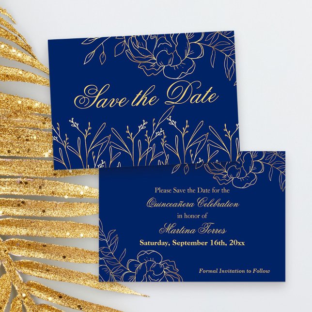 Elegante Royal Blue und Gold Frische Pasta machen Save The Date (Blue and Gold Quinceanera Save the Date, from my Gold Sketched Floral collection
)