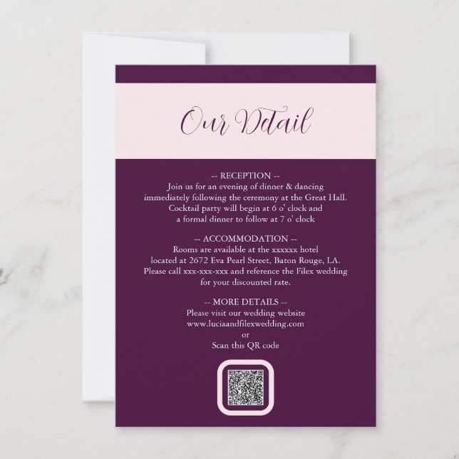 Elegante Royal Crimson QR Wedding Detail Card (Vorderseite)