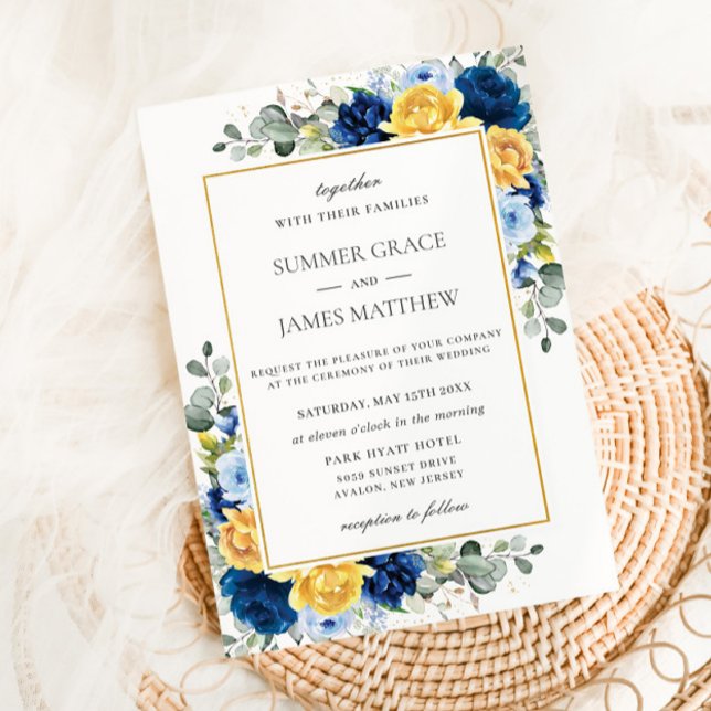 Elegante Royal Dusty Blue Yellow Floral Wedding Einladung (Von Creator hochgeladen)
