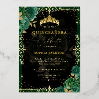 Elegante Royal Emerald Gold Rose Quinceanera Folieneinladung