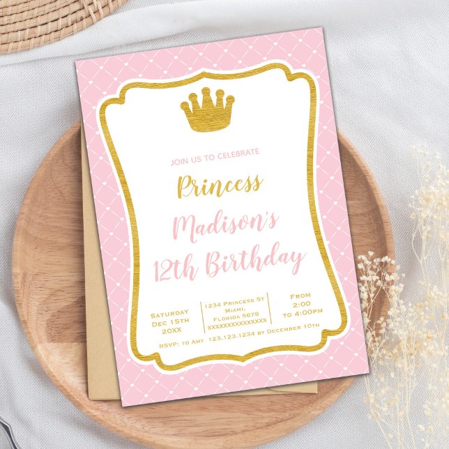 Elegante Royal Frame Party Card für Mädchen Einladung (Pink Fram Crown Princess Cards)