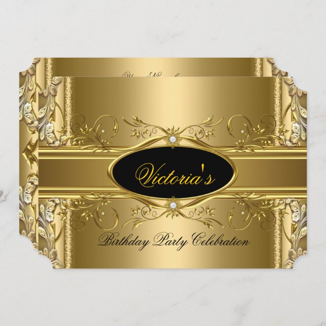 Elegante Royal Gold Black Birthday Party Floral Einladung (Vorne/Hinten)