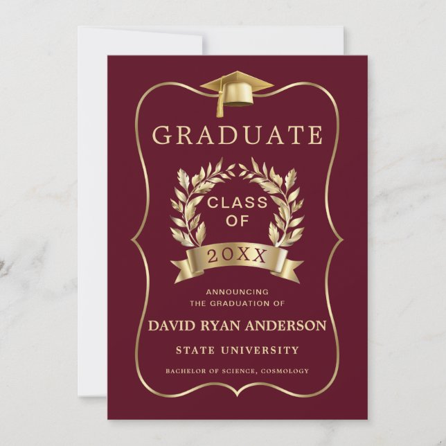 Elegante Royal Gold Burgundy Graduation Party Einladung (Vorderseite)