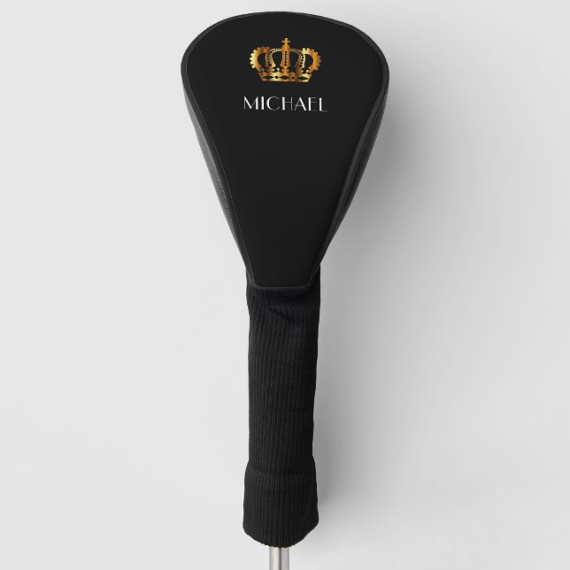 Elegante Royal Gold Crown Name Black Golf Headcover (Vorderseite)