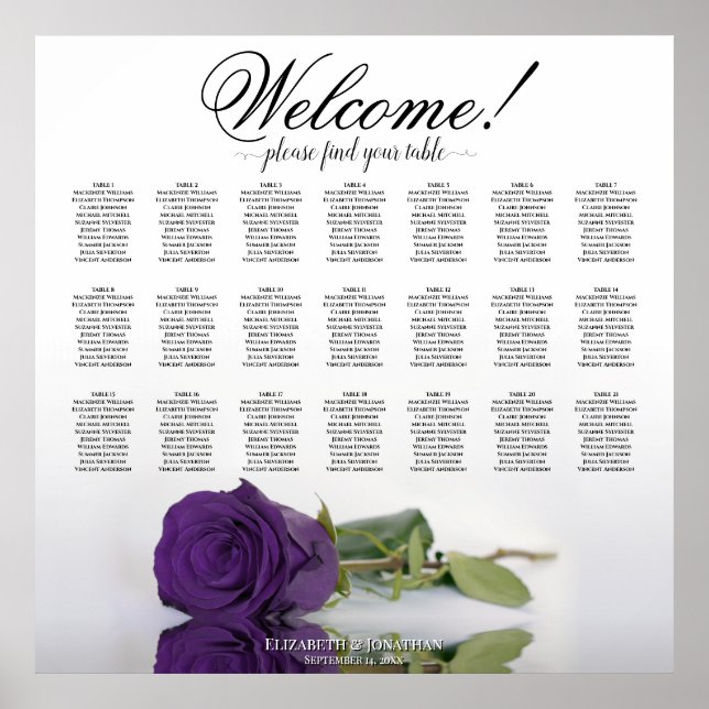 Elegante Royal lila Rose 21 Tabelle Seating Chart Poster (Vorne)
