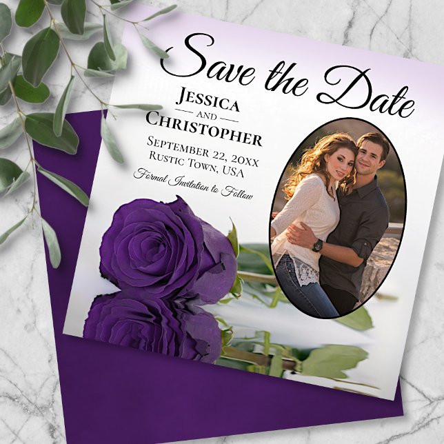 Elegante Royal Lila Rose mit Oval Foto Hochzeit Save The Date (Von Creator hochgeladen)