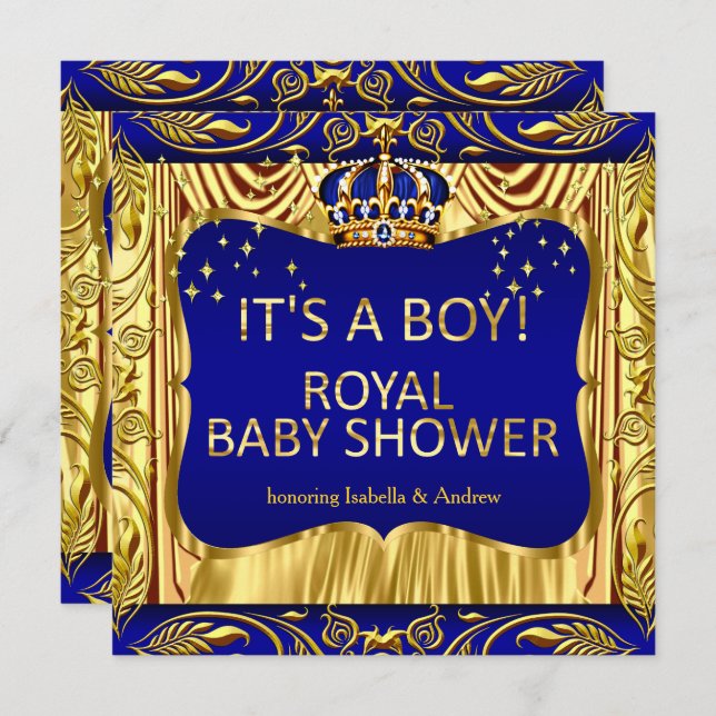 Elegante Royal Prince Baby Dusche Blue Gold Einlad Einladung (Vorne/Hinten)