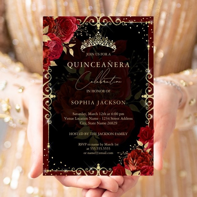 Elegante Royal Red Gold Rose Quinceanera Folieneinladung (Von Creator hochgeladen)