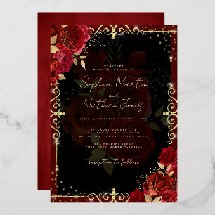 Elegante Royal Red Gold Rose Wedding Folieneinladung