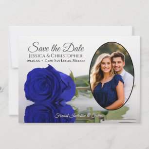 Elegante Royalblaue Rose mit ovalem Foto zur Hochz Save The Date