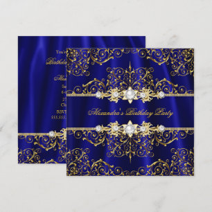 Elegante Royalblaue und goldene Damast-Geburtstags Einladung