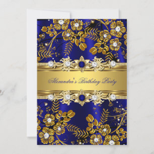 Elegante Royalblaue und goldene florale Geburtstag Einladung