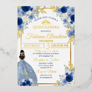 Elegante Royalblaue und goldene Rose Quinceañera Folieneinladung