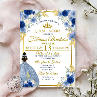 Elegante Royalblaue und goldene Rosen-Quinceañera Einladung