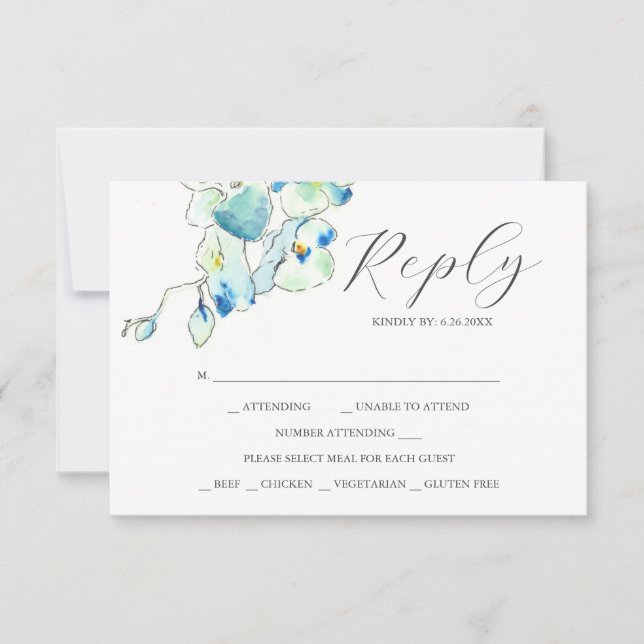Elegante RSVP Cards Blue Watercolor Blume (Vorderseite)