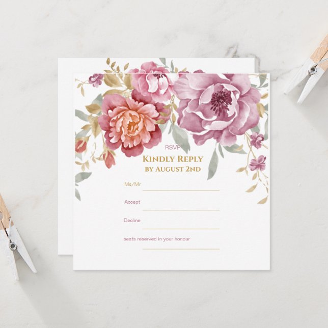 Elegante RSVP-Karte für Blumen und Gold (Vorderseite/Rückseite Beispiel)