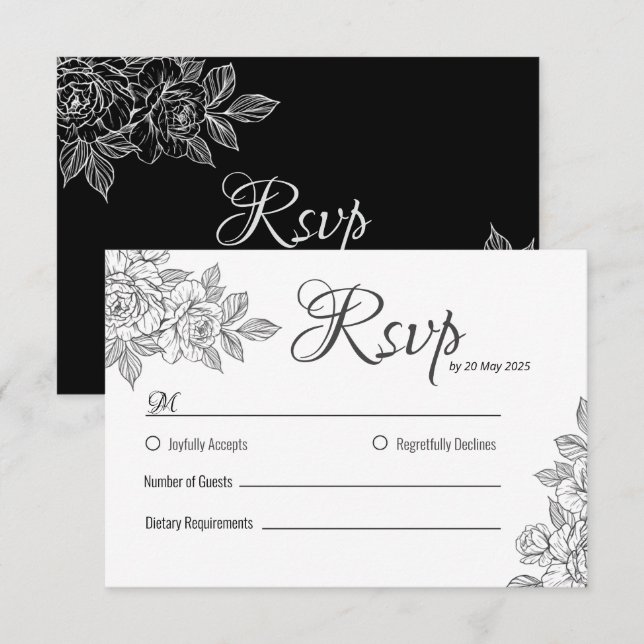 Elegante RSVP-Karte für Schwarz-Weiß-Blumen-Hochze RSVP Karte (Vorne/Hinten)