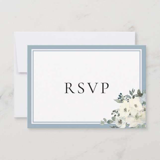 Elegante RSVP-Karte mit staubblauer Umrandung für  RSVP Karte (Vorderseite)