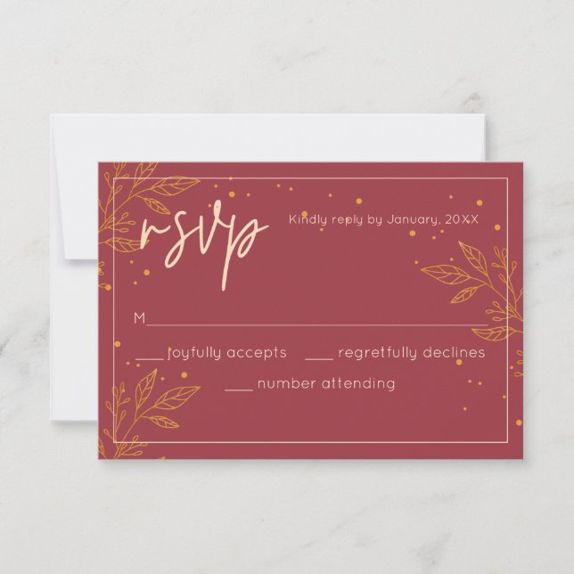 Elegante Ruby & Gold Wedding RSVP Card Karte (Vorderseite)
