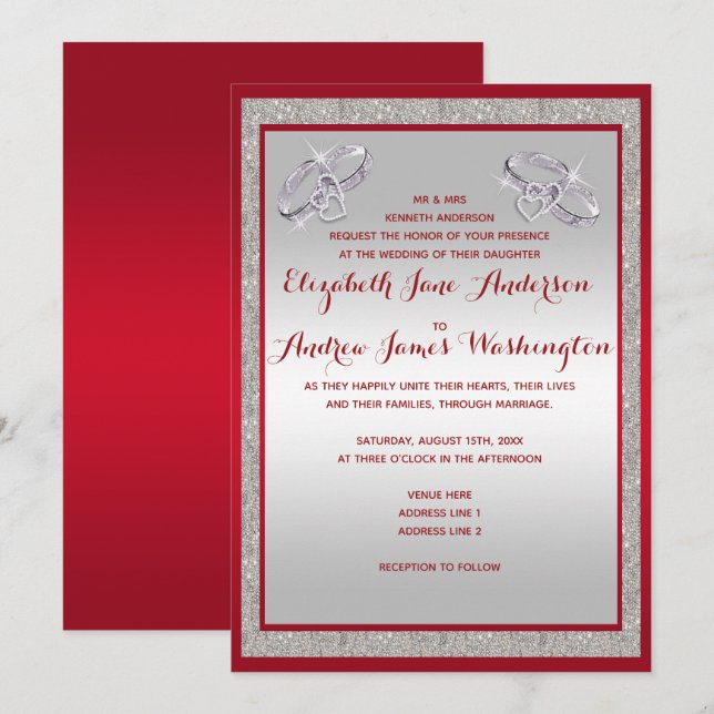 Elegante Ruby Red & Funkelnd Silver Rings Wedding Einladung (Vorne/Hinten)