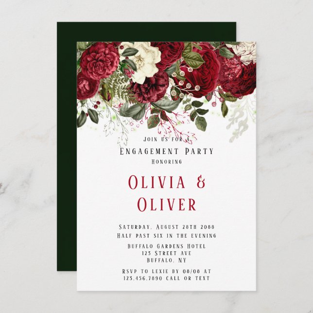 Elegante Ruby Red Peonies Engagement Party Einladung (Vorne/Hinten)