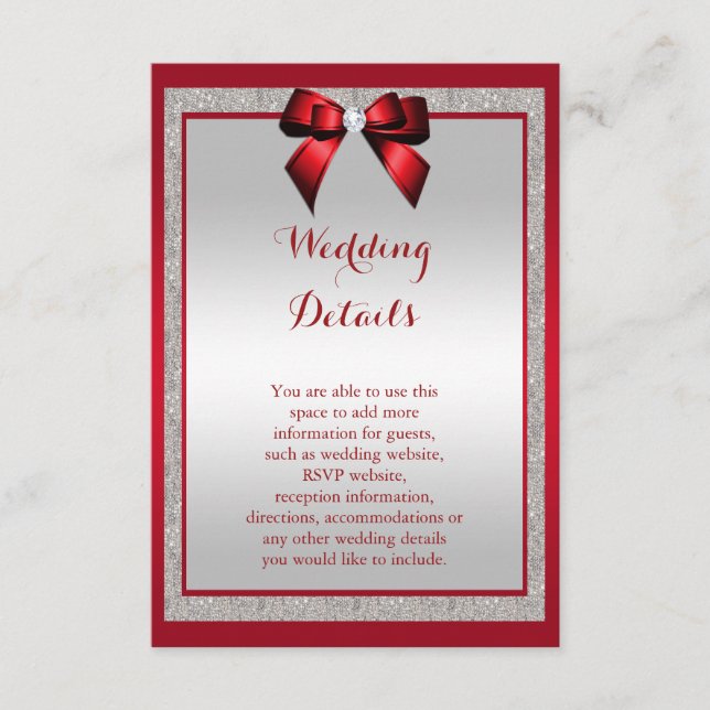 Elegante Ruby Red & Silver Glitzer Hochzeitdetails Begleitkarte (Vorderseite)
