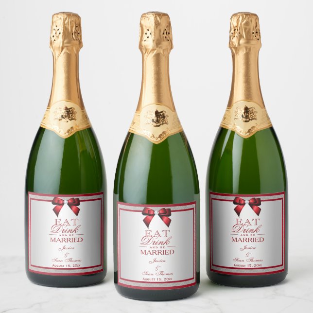 Elegante Ruby Red & Silver Glitzer Wedding (Flaschen)