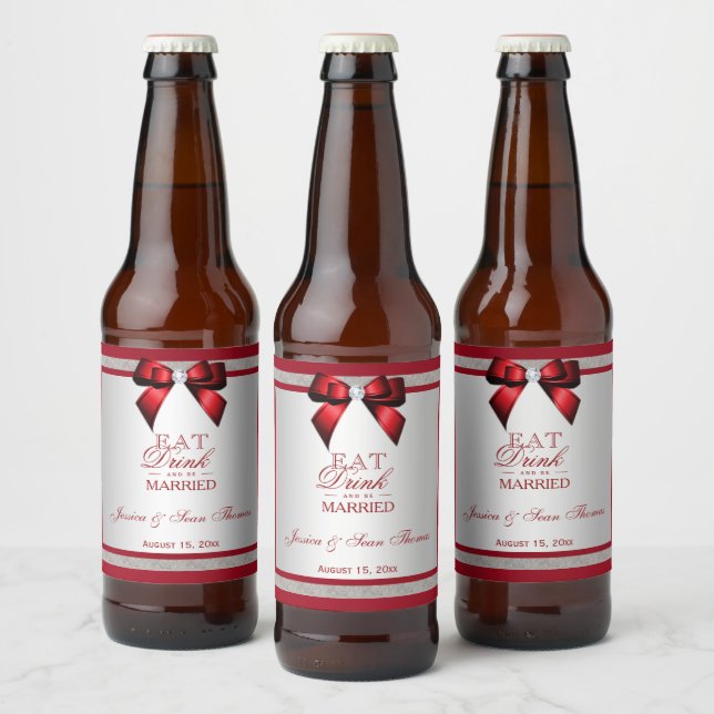Elegante Ruby Red & Silver Glitzer Wedding Bierflaschenetikett (Flaschen)