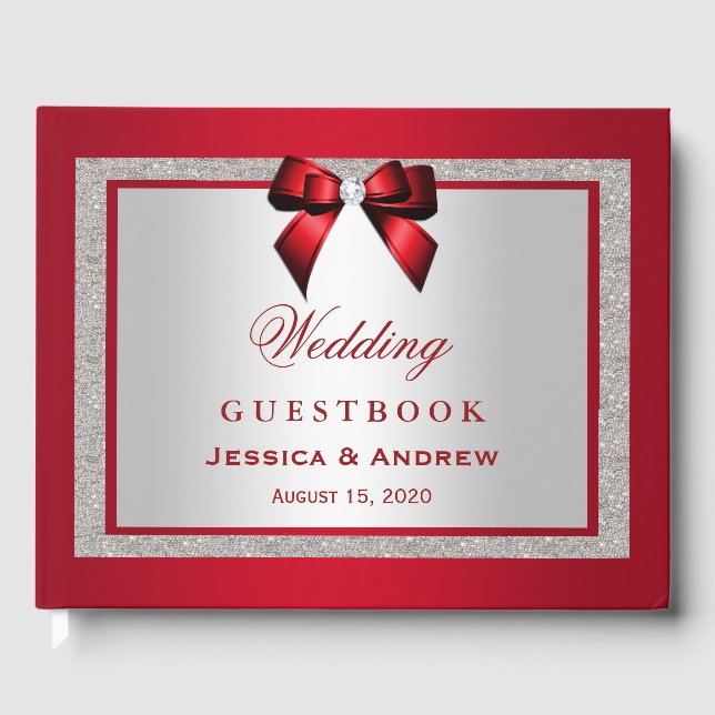 Elegante Ruby Red & Silver Glitzer Wedding Gästebuch (Vorderseite)