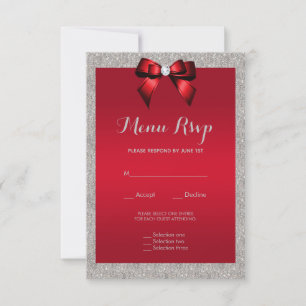 Elegante Ruby Red, Silver Glitzer Wedding Menu UAW RSVP Karte