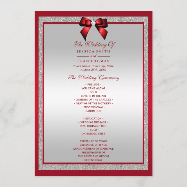 Elegante Ruby Red & Silver Glitzer Wedding Programm (Vorderseite)