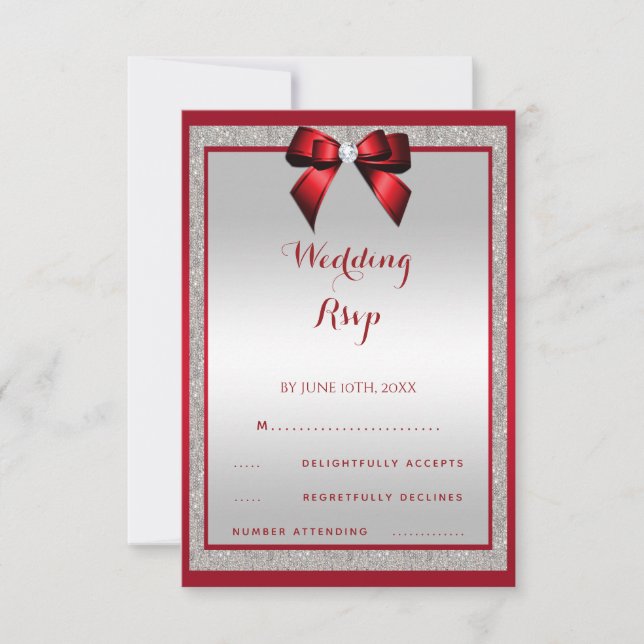 Elegante Ruby Red & Silver Glitzer Wedding RSVP Karte (Vorderseite)