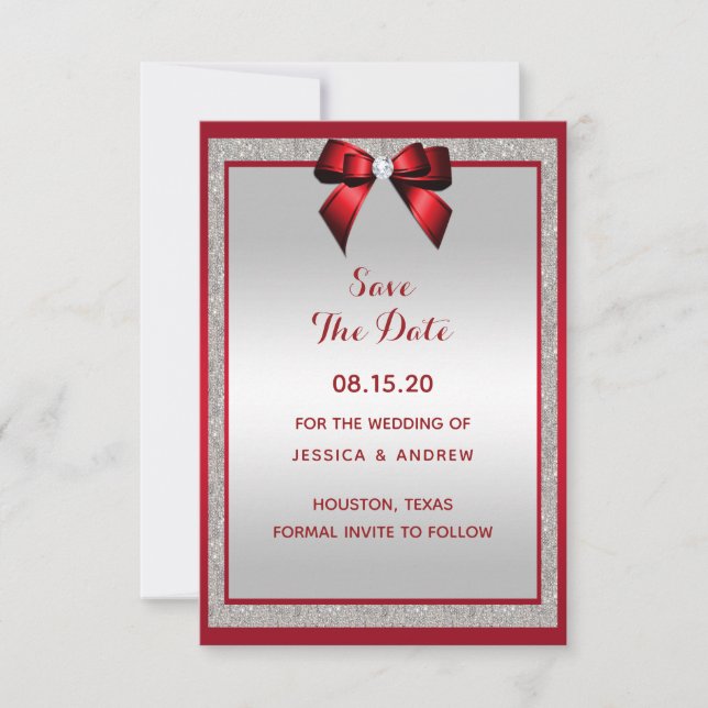 Elegante Ruby Red & Silver Glitzer Wedding Save The Date (Vorderseite)