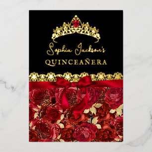 Elegante Ruby-Rot-Gold-Rose Quinceanera Folieneinladung