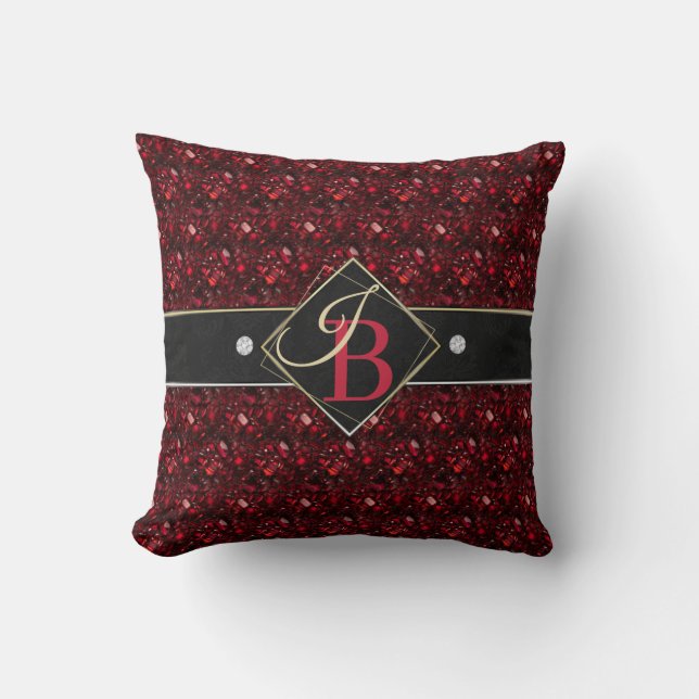 Elegante Ruby und Diamonds auf schwarzen Monogramm Kissen (Vorderseite)