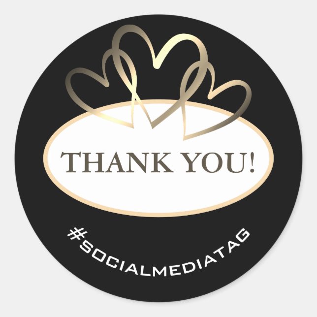 Elegante runde goldene Herzen Danke Labels Black Runder Aufkleber (Vorderseite)