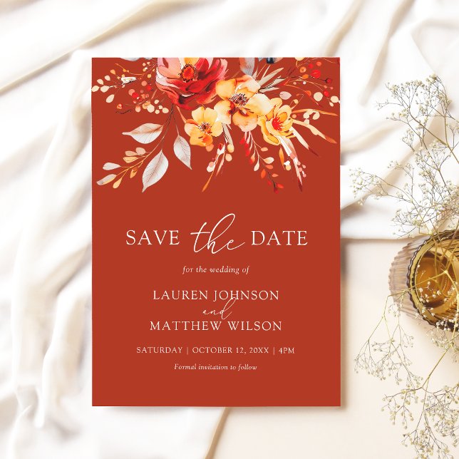 Elegante Rust Orange Boho Hochzeit mit floraler Wa Save The Date (Vibrant fall floral Save the Date card on a rust orange background)