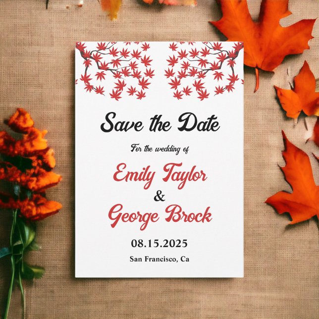 Elegante Rustic Fall Red Blätter Boho Herbsthochze Save The Date (Von Creator hochgeladen)