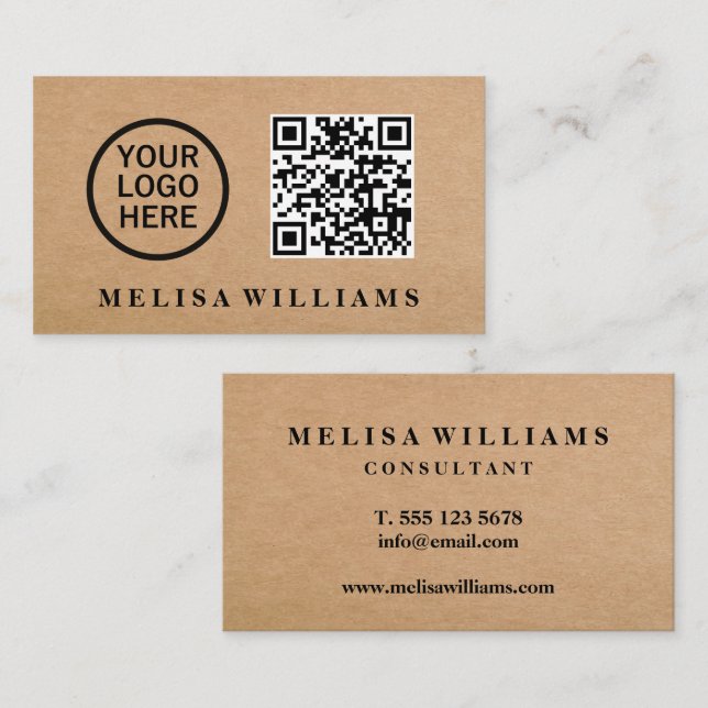 Elegante Rustic Kraft Logo QR Code Business Card Visitenkarte (Vorne/Hinten)