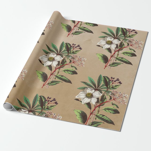 Elegante Rustic Kraft Weihnachten Rose Geschenkpapier (Ungerollt)