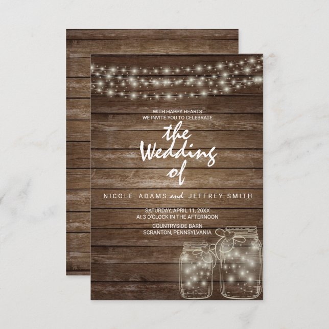 Elegante Rustic Mason Jar Lights Wedding Card Einladung (Vorne/Hinten)