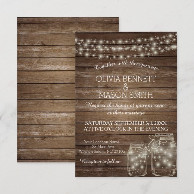 Elegante Rustic Mason Jar Lights Wedding Card Einladung (Vorne/Hinten)