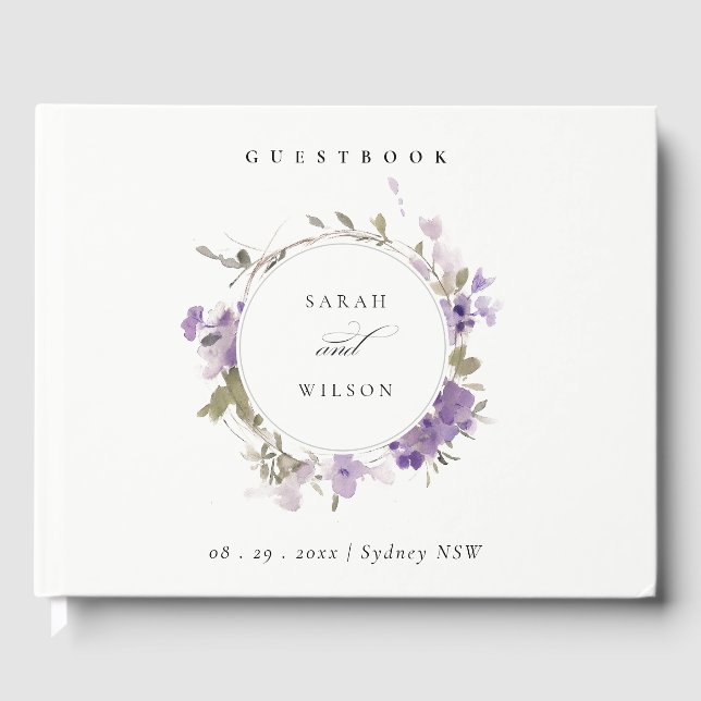 Elegante Rustic Meadow Lilac Floral Wreath Wedding Gästebuch (Vorderseite)
